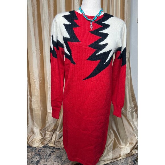 VTG Yarnworks Petite S Red White Lightning Bolt Sweater Dress Lambswool read y2k - Picture 11 of 12